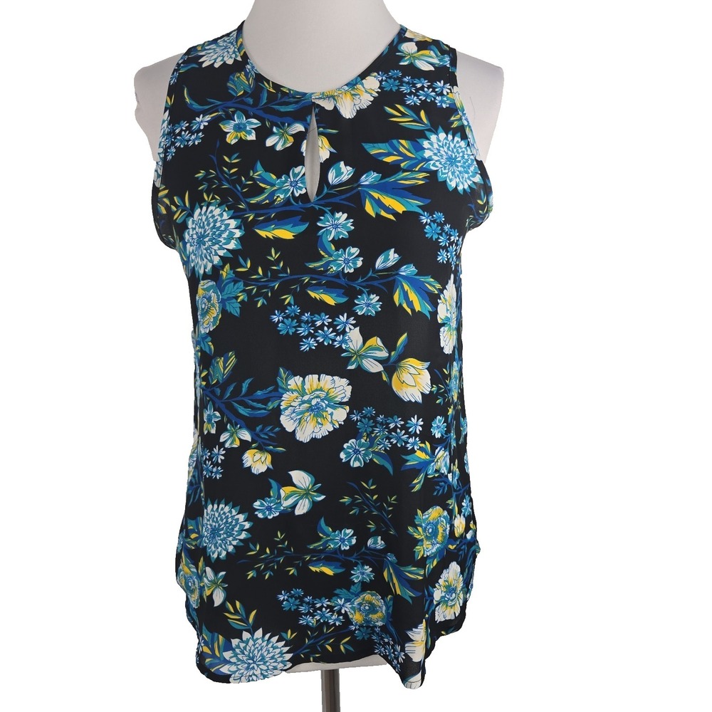 Violet + Claire Small Blue Black Floral Chiffon Sleeveless Chiffon Blouse Top‎ S